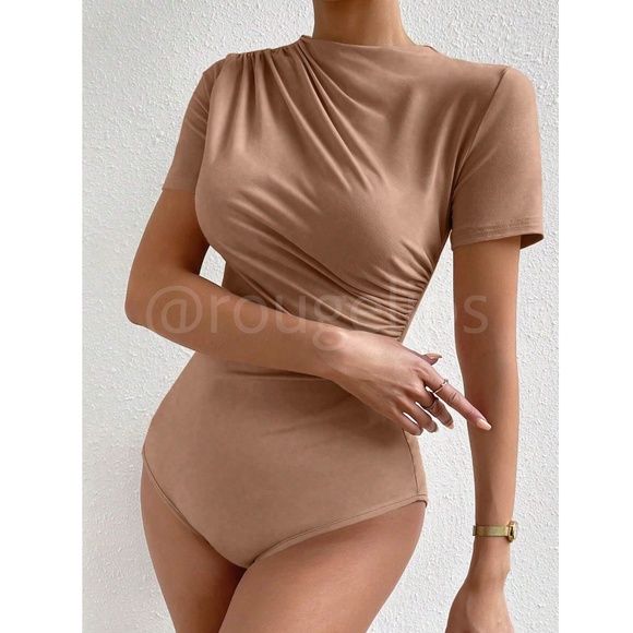 Ruched Tan Asymmetrical Short Sleeve Bodysuit  Stretchy - Picture 5 of 10